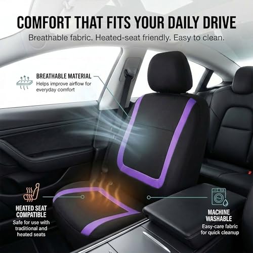 Image of FH Group Car Seat Covers Full Set Cloth - Universal Fit Automotive Seat Covers, Low Back Front Seat Covers, Solid Back Seat Cover, Washable Car Seat Cover for SUV, Sedan and Van Purple