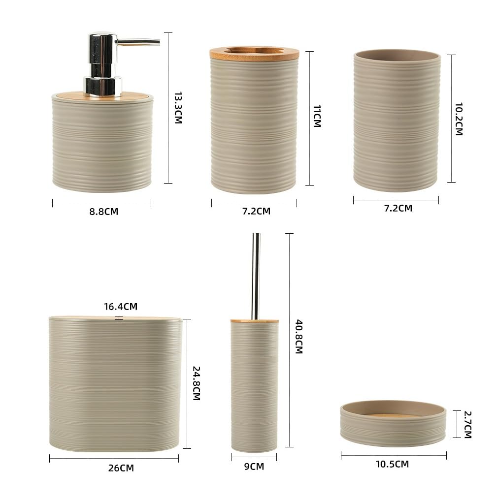 Juego de Accesorios de Baño 6 Piezas Plástico y Bambú Moderno de Artículos Esenciales para el Baño, Incluye Soporte para Cepillo de Dientes, Cubo de Basura, Escobilla y Dispensador de Jabón (Beige)