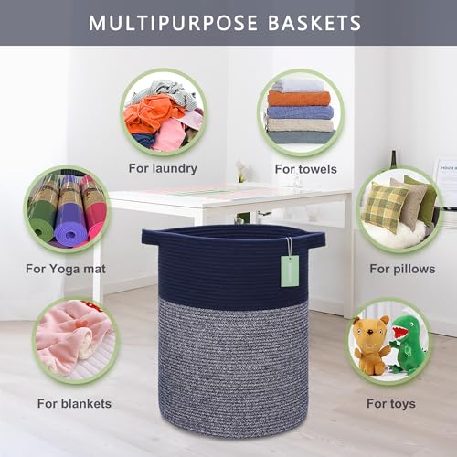 Image of Cotton Rope Blanket Basket, 72L Tall Laundry Hamper, Navy Blue | 16 inchx 22 inch, Collapsible Large Nursery Hamper, Sturdy Handles for Clothes Toys Towels, Ideal for Bedroom Bathroom Living Room