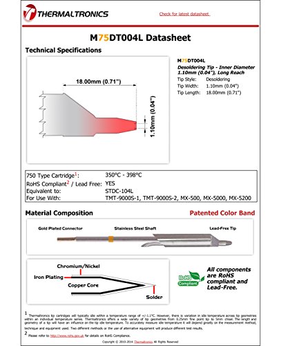 Image of Thermaltronics M75DT004L Desoldering Tip - Inner Diameter 1.10mm (0.04in), Long Reach interchangeable for Metcal STDC-704L