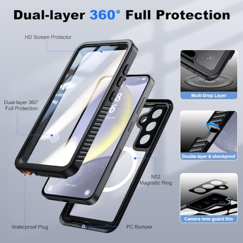 Image of ANTSHARE IP68 Waterproof Case for Samsung Galaxy S24, Black /Clear | Compatible with MagSafe, Built-in Screen /Lens Protector - Shockproof & Dropproof, Full Body Protection for Swimming /Outdoor