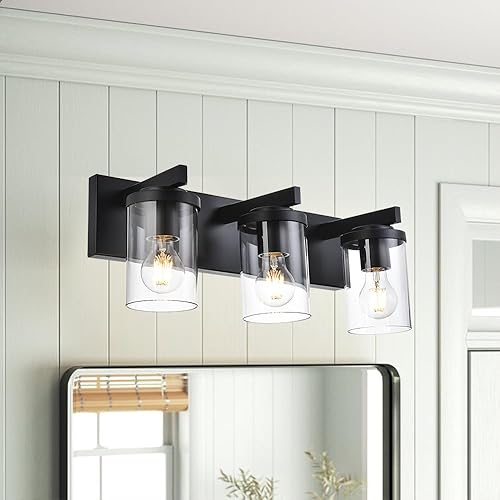 BONLICHT Moderna lámpara de tocador de 3 luces color negro para baño, lámpara de pared sobre espejo con pantalla de vidrio transparente, aplique de