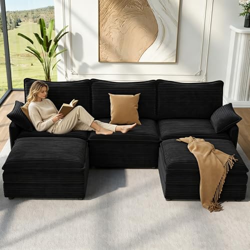 Image of Vesgantti 108 inch U Shaped Cloud Sectional Sofa, Comfy Corduroy Upholstered Sectional Modular Sofas for Living Room, Modern Modular Couch with 2 Ottoman Deep Seat, Dark Grey