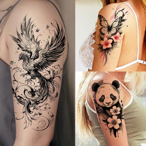 Image of 27 Sheets Dragon Snake Warrior Temporary Tattoos For Men Women Adults Half Arm Sleev Tattoo Sticker, Realistic 3d Pirate Ship Lion Tiger Wolf Skull Fake Tattoos For Adults Forearm Tatoos Long Lasting