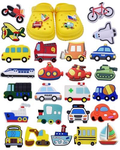 tikono Set di 25 ciondoli per scarpe a tema mezzi di trasporto, in PVC, accessori decorativi per auto, aereo, treno, barca