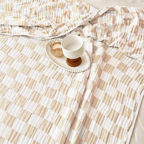 Image of SANACYNA 100% Cotton Muslin Blanket 6-Layer Gauze Cream Grid Cooling Blanket Lightweight Soft and Breathable Blanket for Sofa Couch Bed Coverlet Both Sides (Cream, Throw 50 inchx60 inch)