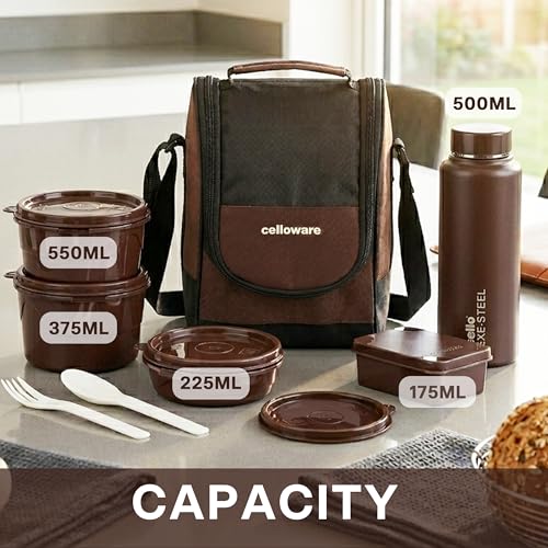 Image of CELLO MF All In One Lunch Box with Bag for Office Use, Brown | 225ml, 375ml, 550ml Microwave Safe Containers, 175ml Salad Box, 900ml Bottle with Fork & Spoon, Airtight Leak Proof Tiffin Box for Travel