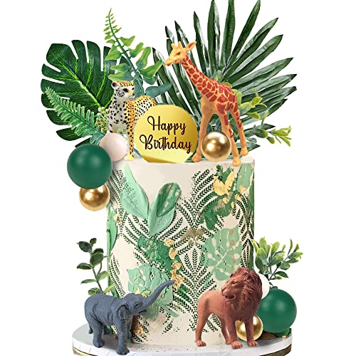 27 PCS Jungle Animal Cake Toppers, Safari Animals Figure Toys Picks Jungle Wild One Animals Cake Decorations for Baby Shower Safari Party Holiday Party (Green)