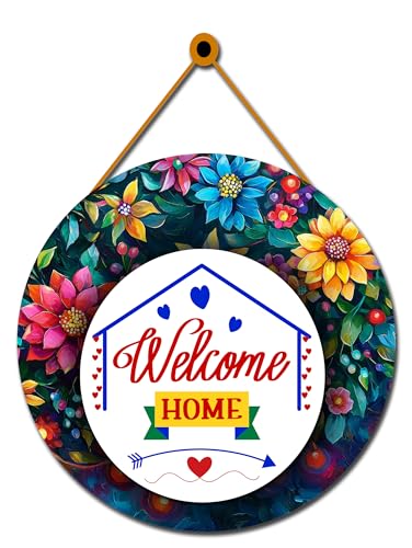 Image of GENXTRA Welcome Home Wall Hanging - Floral Round Wooden Door Sign for Entrance, Living Room & Home Decor