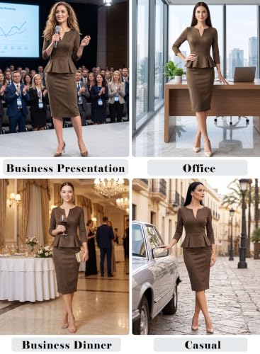 Image of VFSHOW Womens Work Business Office Front Zipper Peplum Church Sheath Dress | 3 /4 Sleeves, Elegant, Spring Fall, Church, Funeral, Slimming Fitted Bodycon Dress
