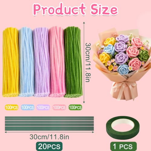 Image of ASTARON 521 Pcs 5 Colors Art Chenille Stems Pipe Cleaners Flower Making Kit | Macaron Colors Craft Pipe Cleaners,20 Floral Wires,Gardening Tape, Flowers Making Kit,Polyester Fluffy Pipe Cleaners Set