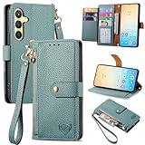 VEEMOS Zipper Wallet Case for Samsung Galaxy S24 5G Phone Case with Purse Card Holders RFID Blocking Leather Flip Case Book Cover Wrist Strap Women - Green