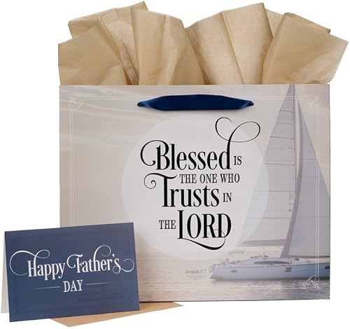 Christian Art Gifts Decorative Landscape Gift Bag with Card and Tissue Paper Set for Men and Dads: Blessed Is the Man - Jeremiah 17:7 Inspirational Bible Verse for Father's Day, Creamy Beige, Large