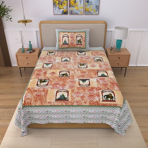Image of EasyGoods India 00% Cotton Single Bedsheet with 1 Pillow Cover | 240 TC Pure Cotton Flat Bed Sheet | Traditional Jaipuri Printed Bedding Set | Soft & Breathable | 60 x 90 Inch (Terracotta & Beige)