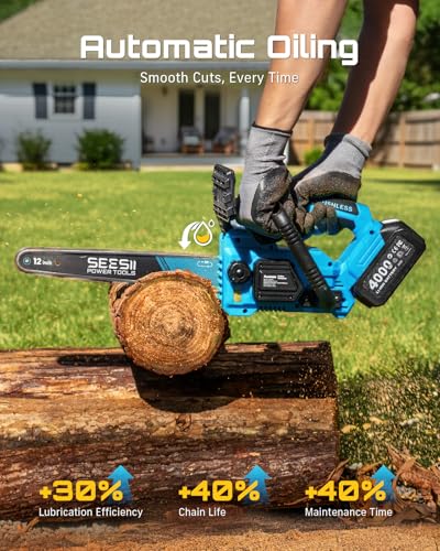 Image of SEESII Electric Chainsaw Cordless 12-inch: Brushless Battery Powered Small Chainsaw, 2 x 4.0Ah Batteries, Auto-Tension and Oiling Mini Chain Saw for Christmas Dad Men Gifts, Tree Cutting Trimming