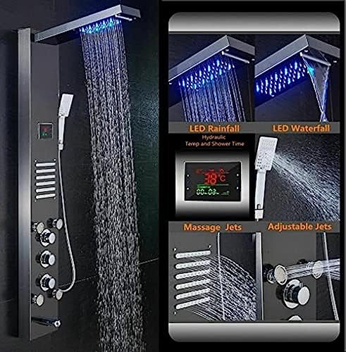 Sistema de Columna de Ducha con Panel LED, Resistente al Agua, con Chorros de Masaje y Acabado en Acero Inoxidable Cepillado en Negro miniatura 2