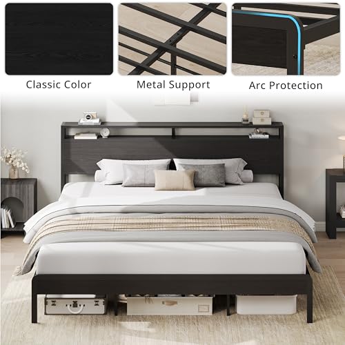 Image of LIKIMIO King Bed Frame with Headboard, Dark Wood Camas King with Strong Supports, Sturdy, Noise-Free, No Box Spring Needed, Classic Black