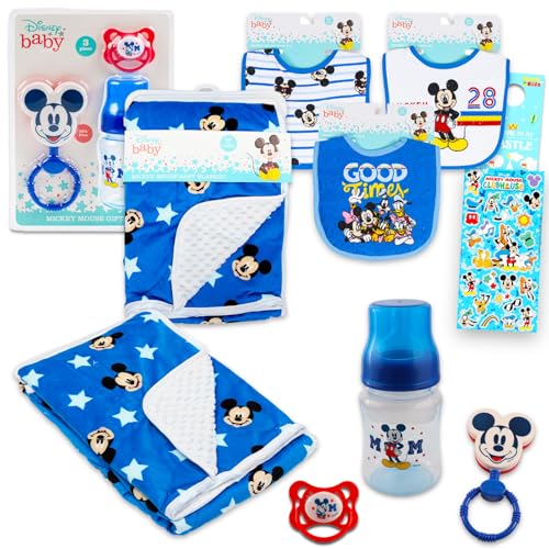 Image of Disney Mickey Mouse Baby Gift Set, Baby Shower Gifts Boys Neutral - 12 Pc Newborn Essentials Bundle with Blanket, Bibs, Rattle, Bottle, Pacifier, Scrapbook Stickers, More