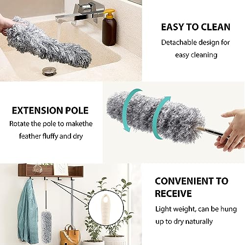 Image of Barebeauty 2 in 1 Long Handle Microfiber Feather Ceiling Duster with extendable Pole 30-100 Inch with Anti Scratch Bendable Head for Cleaning High Cobweb Stick High Ceiling Fan Mop,Grey