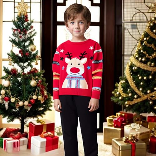Xumplo Toddler Girls Boys Ugly Christmas Sweater Kids Reindeer Pullover Unisex Child Xmas Red Top Clothing 3-7Y2