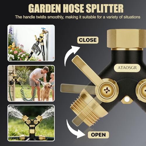 Image of Garden Hose Splitter 2 Way Heavy Duty, Metal Body Water Hose Splitter | with Shut-Off Valve,360 Brass Swivel,3 /4'' GHT Connector Full Flow Hose Bib Splitter, For Outdoor Spigot Faucet