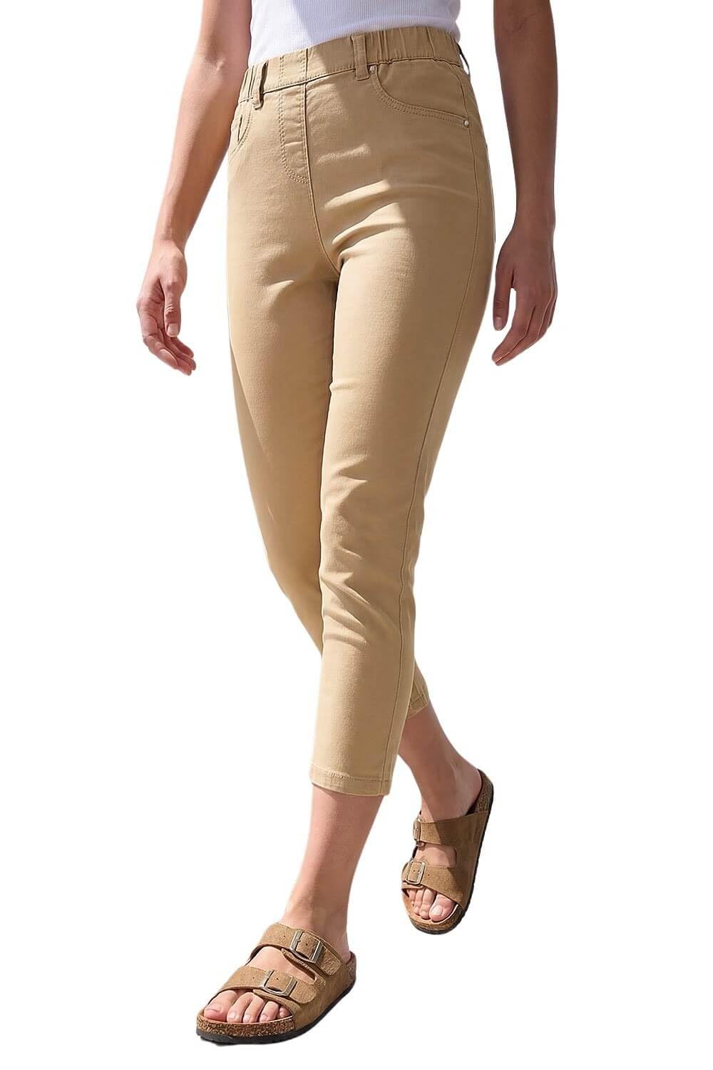 Roman Originals Women's Petite Mocha Roman Cropped Jeggings For Uk Capri Stretchy Jeans Denim Legging Cotton Summer Trouser Three Quarter 3/4 Length Pull On Cut Off High Waist Smart - Size 18
