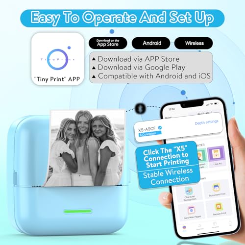 Image of HuiJuKeJi Mini Pocket Photo Printer for Smartphone, Thermal Sticker Printer for Daily, Logo, Notes, List, Memo (Blue)