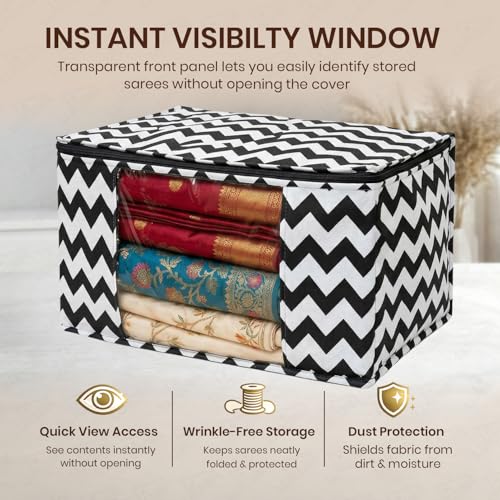 Image of Lukzer Non-Woven Zigzag Printed Saree Covers for Storage with Transparent Window & Zip - Large Set of 12 | Cloth Storage /Wardrobe Organizer for Woman Clothes /Lehengas /Dresses 45x33x20CM - (LSC-02-12)