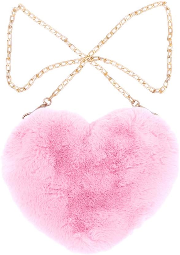 KESYOOKESYOO Heart Shaped Plush Purse Cellphone Bag Crossbody Bag Fluffy Shoulder Chain Bag Peach Heart Messenger Bag Pink