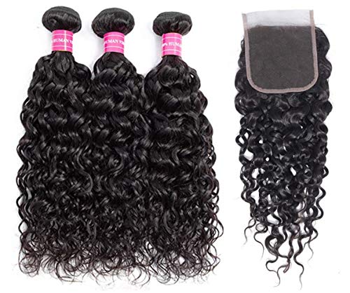 Brazilian Water Wave Bundles with Closure 100% Virgin Wet and Wavy Human hair Weave Bundles with Closure Free Part 9A Ocean Wave Human Hair Natural Color (18 20 22+16, water)