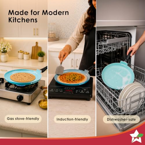 Image of Wonderchef Vitalife Non-Stick Dosa Tawa for Kitchen, 28cm, Non-Toxic Coating, PFOA-Free, Cool-Touch Handles, Scratch-Resistant, Gas & Induction Compatible, 2-Yr Warranty, Teal Green