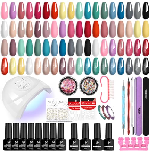 Phoenixy Kit Uñas Semipermanentes, 24 Colores Uñas Semi permanentes Set Completo con 48W Lampara kit de uñas semi permanente, Regalos para Mujeres Kit Manicura Semipermanente