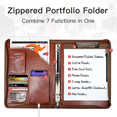 Image of Zippered Portfolio Organizer, WRIYES Leather Padfolio with 3 Ring Binder, Professional Business Binder, Organizer for IPad /Document, Phone & Business Cards, Office Gifts for Men or Women (Brown)