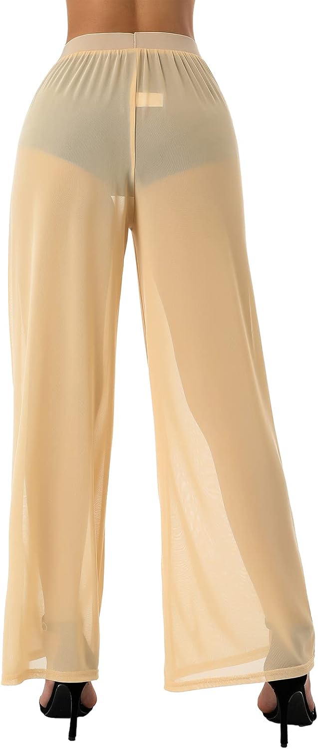 Womens See Through Sheer Mesh Chiffon Beach Pants Wide Leg High Waist Flared Bikini Bottom Cover-Ups - Image 6