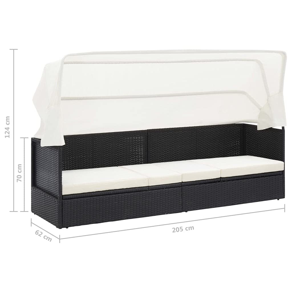 Comodo lettino da giardino con baldacchino e cuscino imbottito, letto da giardino con baldacchino in polyrattan, mobili lounge per giardino, terrazza e piscina, sedia da spiaggia con tetto