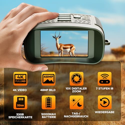 4K 48MP Nachtsichtgerät mit 10-Fach Zoom und 5000mAh Akku für Beobachtungen bis 400m– Inklusive 32GB SD-Karte, ideal für Jagd, Outdoor-Aktivitäten, Camping und Sicherheitszwecke