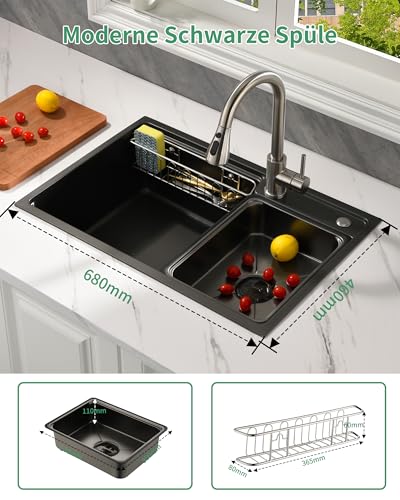 Miniatura 8 de Baollansa Fregadero De Cocina De Acero Inoxidable 68x46 Cm, 1 Cubeta Con Sifón, Desbordamiento Y Accesorios De Vaciado, Fregadero Moderno Multifuncional Negro Para Encimeras 80 Cm Gris Negro