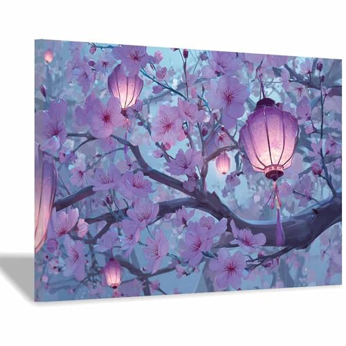 Peinture murale fleurs cerisier violet déco tableau chambre romantique encadré