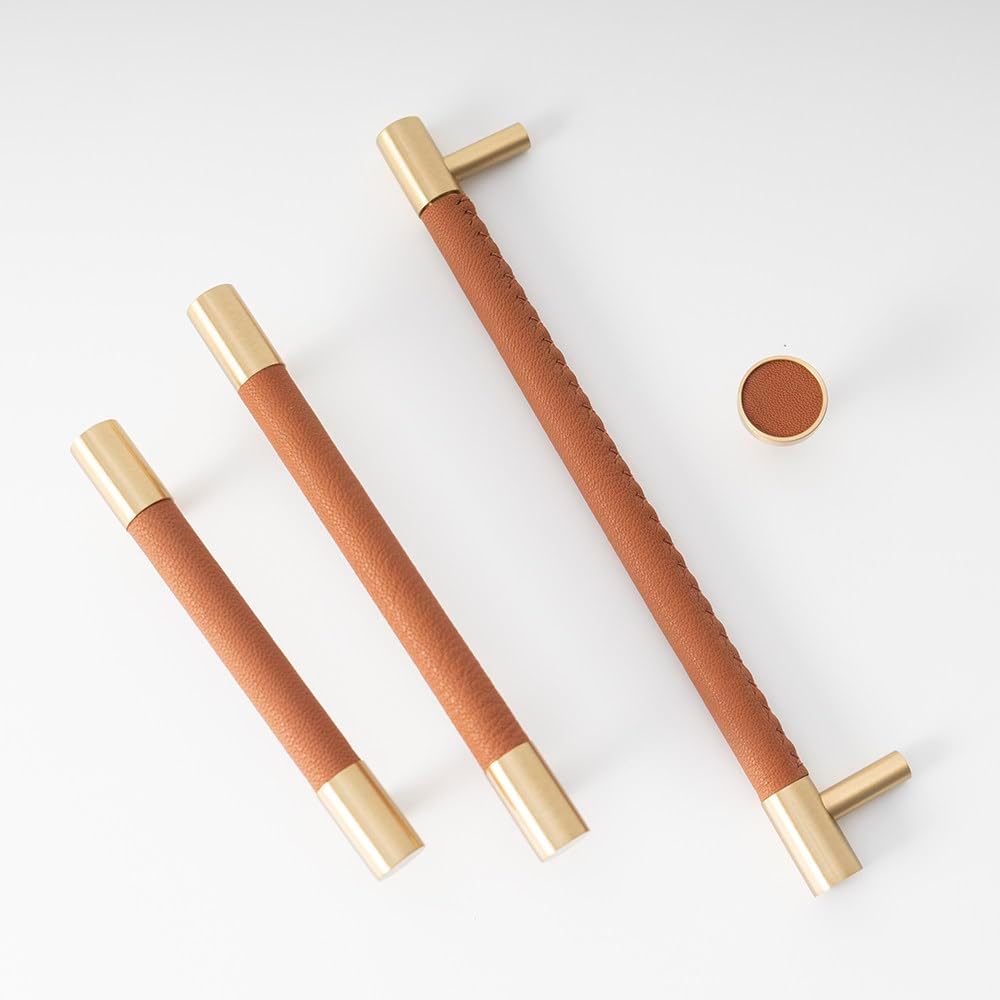 Handle knobs, Cabinet Drawer Handle, Cabinet Pulls, Leather Brass Handles for Cabinets and Drawers Wardrobe Dresser Knobs Cabinet Drawer Brown Pull Furniture Handles,(C3092192)