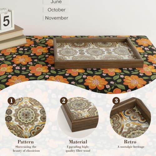 Image of HASTHIP 1-Pack Entry Wooden Organizer Tray Jewelry Storage Tray Retro Mandala PU Leather Liner Wooden Shallow Storage Tray for Keys Coins Jewelry and Daily Essentials, 30x20x2.5cm