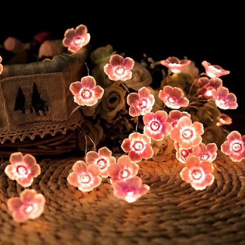 Vicloon Catena luminosa a LED con fiori di ciliegio,2 metri, 20 LED,batteria con timer,LED Luci Fiore Fiabesche ad Energia Solare per camera da letto, matrimonio, carnevale, interni ed esterni
