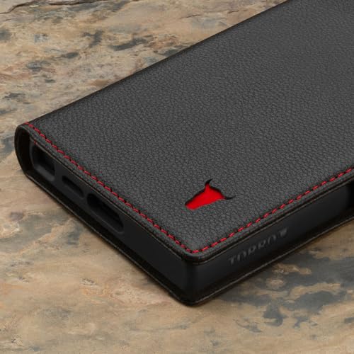 TORRO Skórzane Etui do Samsung Galaxy S24 Ultra 5G – Wysokiej Jakości Skórzane Etui-Portfel z Poziomym Stojakiem i Przegródkami na Karty (Czarny z Czerwonymi Detalami)