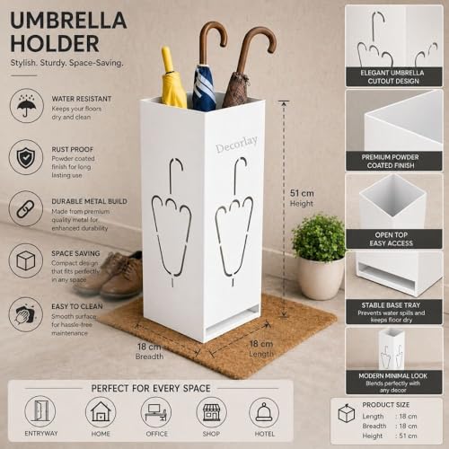Image of Decorlay Wrought Iron Umbrella Stand Holder (White) for Entryway, Modern Metal Umbrella Rack for Canes, Walking Sticks & Golf Clubs, Indoor Floor Organizer for Home, Office & Living Room