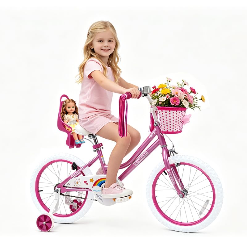 Image of WinHope Girls Bike with Doll Seat, 12 14 16 18 20 Inch Kids Bike for 2-12 | Dual Brake with Training Wheels / Kickstand & Streamers Birthday Gift for Toddler Outdoor Riding, Multiple Colors
