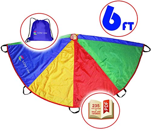 VOMLine Play Parachute for Kids 6 Foot with Dirt Resistant Handles Rainbow Parachute