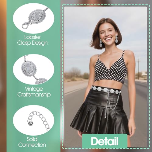 Western Belt & Western Earrings Set Metal Concho Belt Oval Vintage Cowgirl Waist Chain Belts3