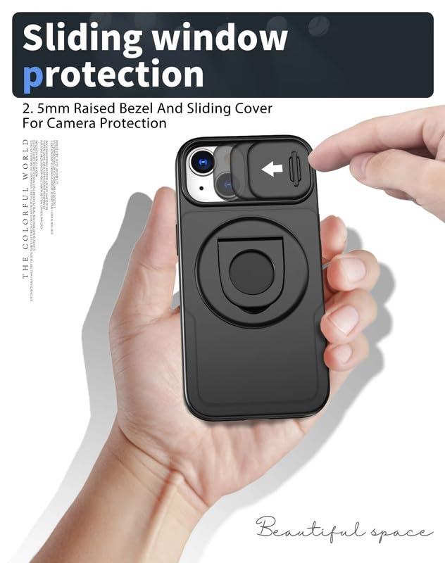 Image of LuxuryKase MagSafe Shockproof Rugged Back Case for iPhone 14 Plus | Finger Ring Kickstand & Sliding Camera Cover | Military Drop Protection | Wireless Charging Support - Black