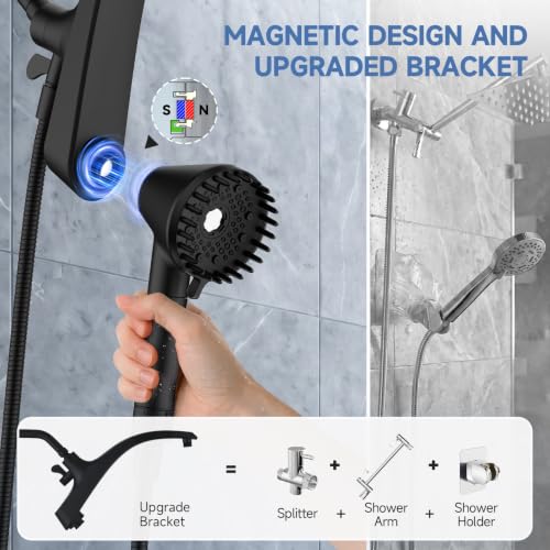 Image of Shower Head with Handheld - High Pressure Filtered Hand Held Showerheads | 12 inch Rainfall Shower Heads, Built-in Magnetic Docking, Wash Jet, Replaceable Filters, Stainless Steel Shower Hose, Black