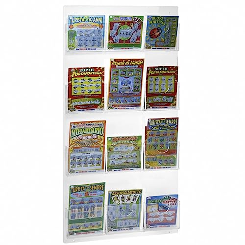 Designplex Espositore Schedine E Gratta E Vinci Da Parete In Plexiglass Trasparente A 12 Tasche - Misure: 35 X H68 Cm