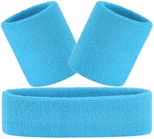 Hatstar 3-teiliges Schweißband Set | Schweißbänder für Handgelenk und Kopf | Stirnband für Damen & Herren (hellblau)